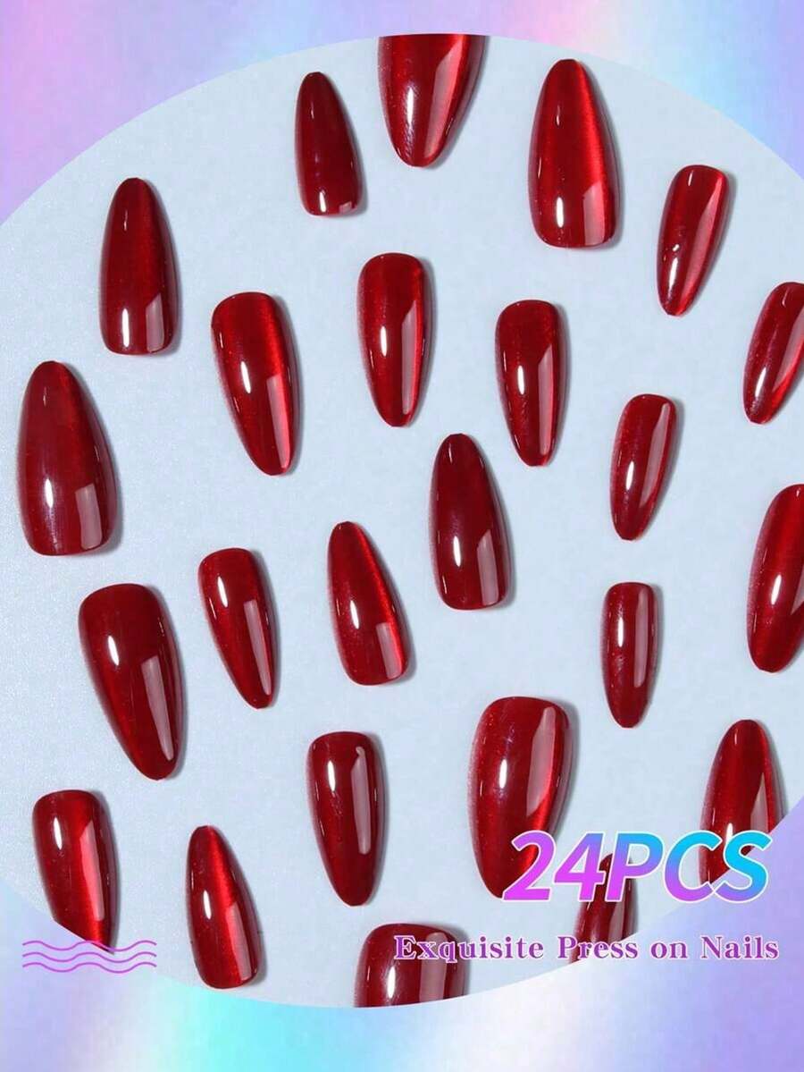 Shein 24pcs Short Almond Red Cat-Eye Press-On Nails>