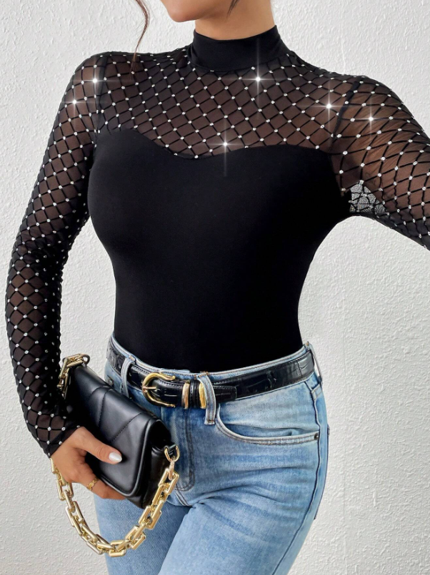 Shein Women Black Flocked Patchwork Knit Long Sleeve Top>