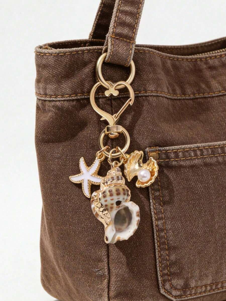 Shein Gold Ocean Theme Shell Starfish Pearl Keychain >