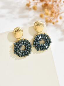 Shein 1 Pair Handmade Beaded Hollow Green Geometric Hoop Earrings>