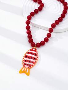 Shein 1/2pcs Red Beaded Necklace With Crab And Fish Pendants, Red >