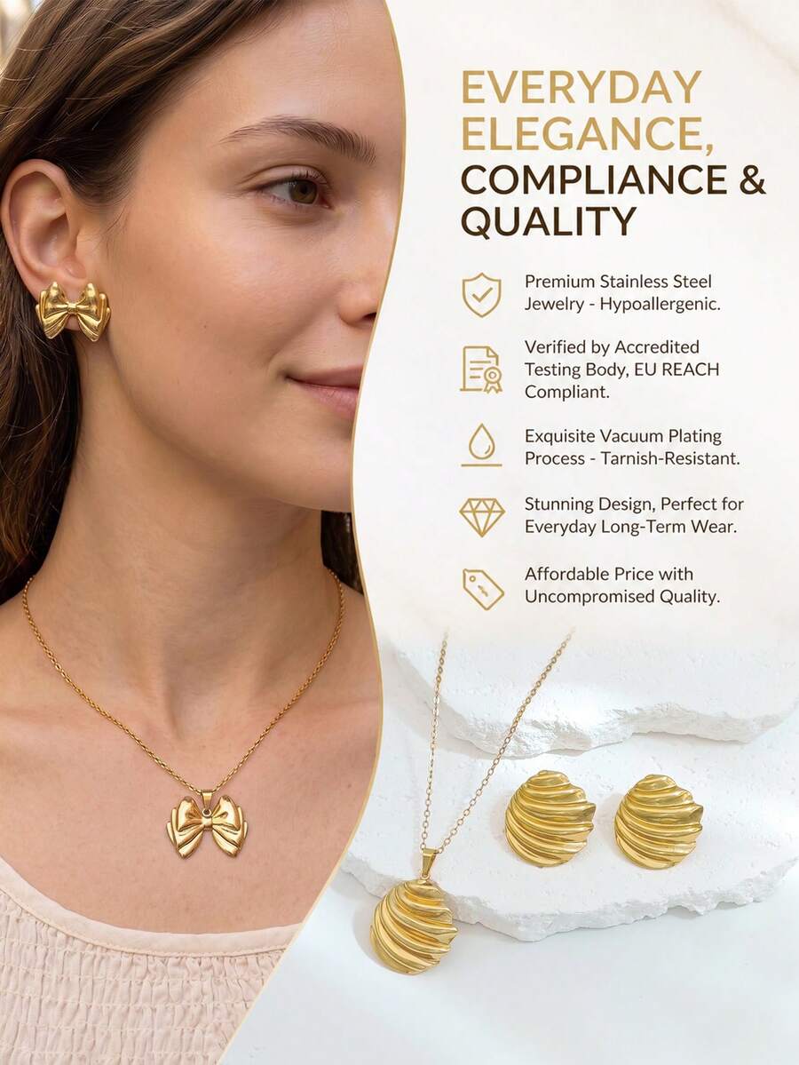 Shein 1 Set Stainless Steel Waterproof Hypoallergenic Fade-Resistant Gold Minimalist Geometric Women's Stud Earrings Set >