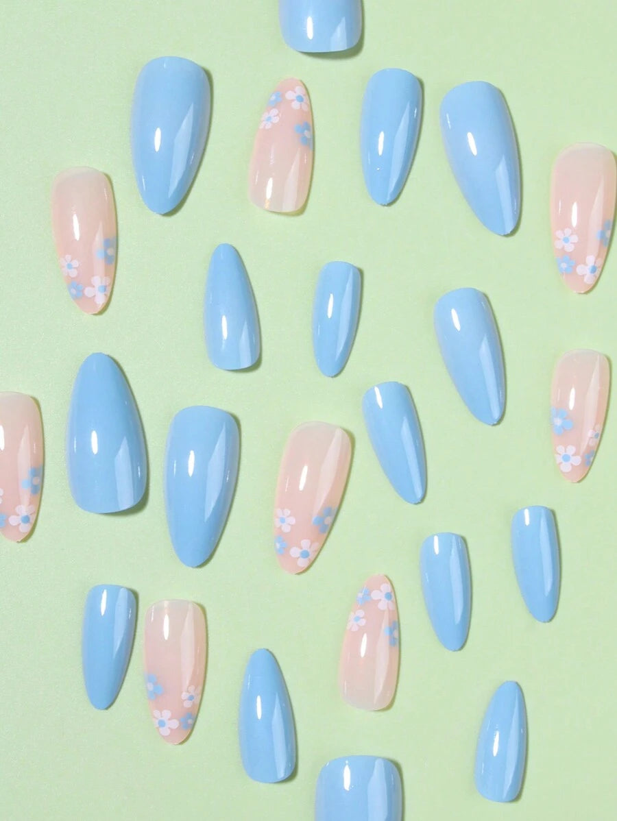 Shein Long Almond Blue Floral Press-On Nails >