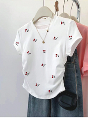 Shein Women's Fashionable Waist Short Sleeve Top, All-Over Cherry Print, XL>