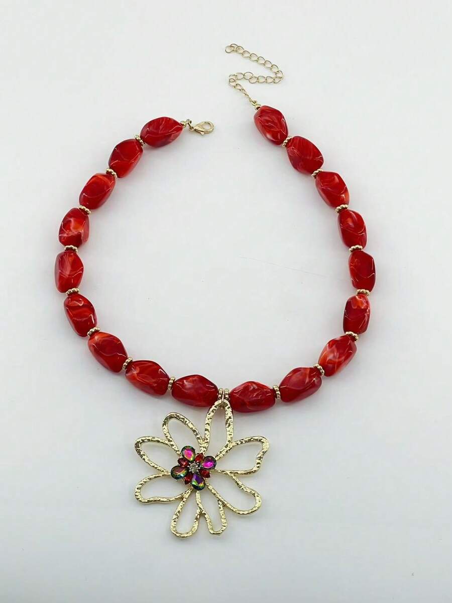 Shein Gold Metal Flower Red Bead Pendant Necklace >