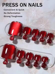 Shein Red Crystal Cat Eye Toe Press-On Nails >