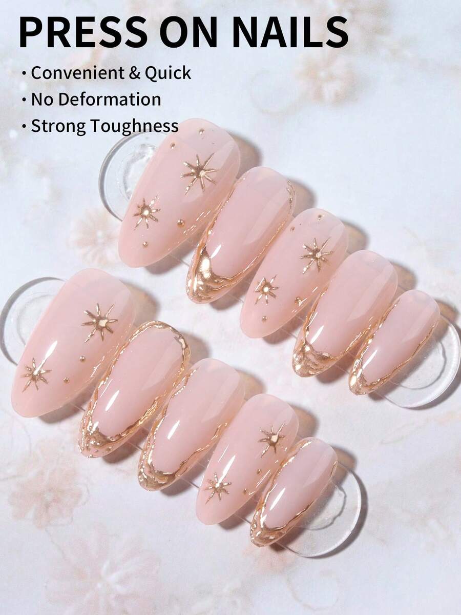 Shein Almond Shaped Gold French Press-On Nails >