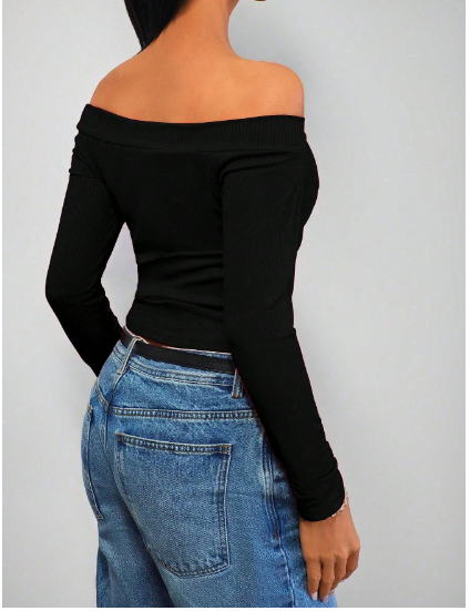 Shein Women's Off-Shoulder Fitted Ribbed Long Sleeve Top -.