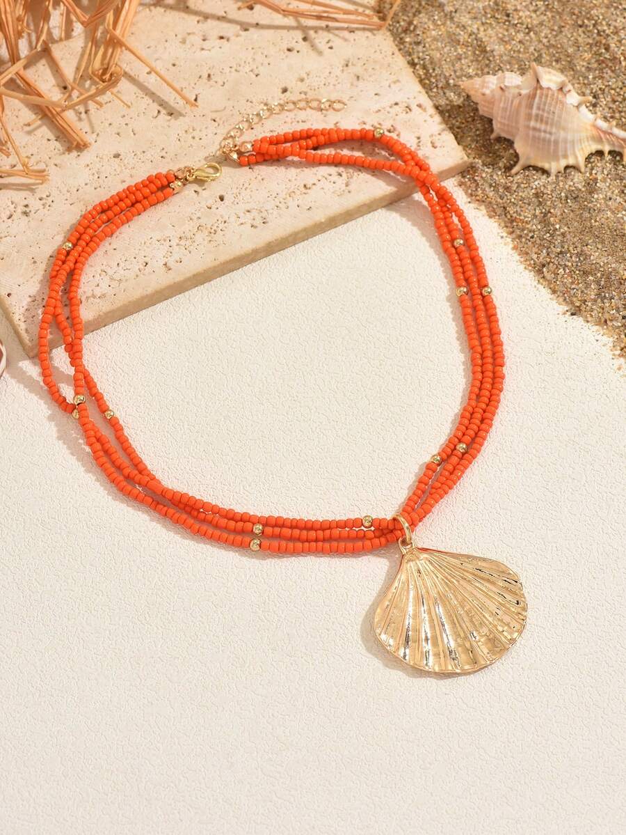 Shein Orange Beaded Gold Shell Pendant Necklace >