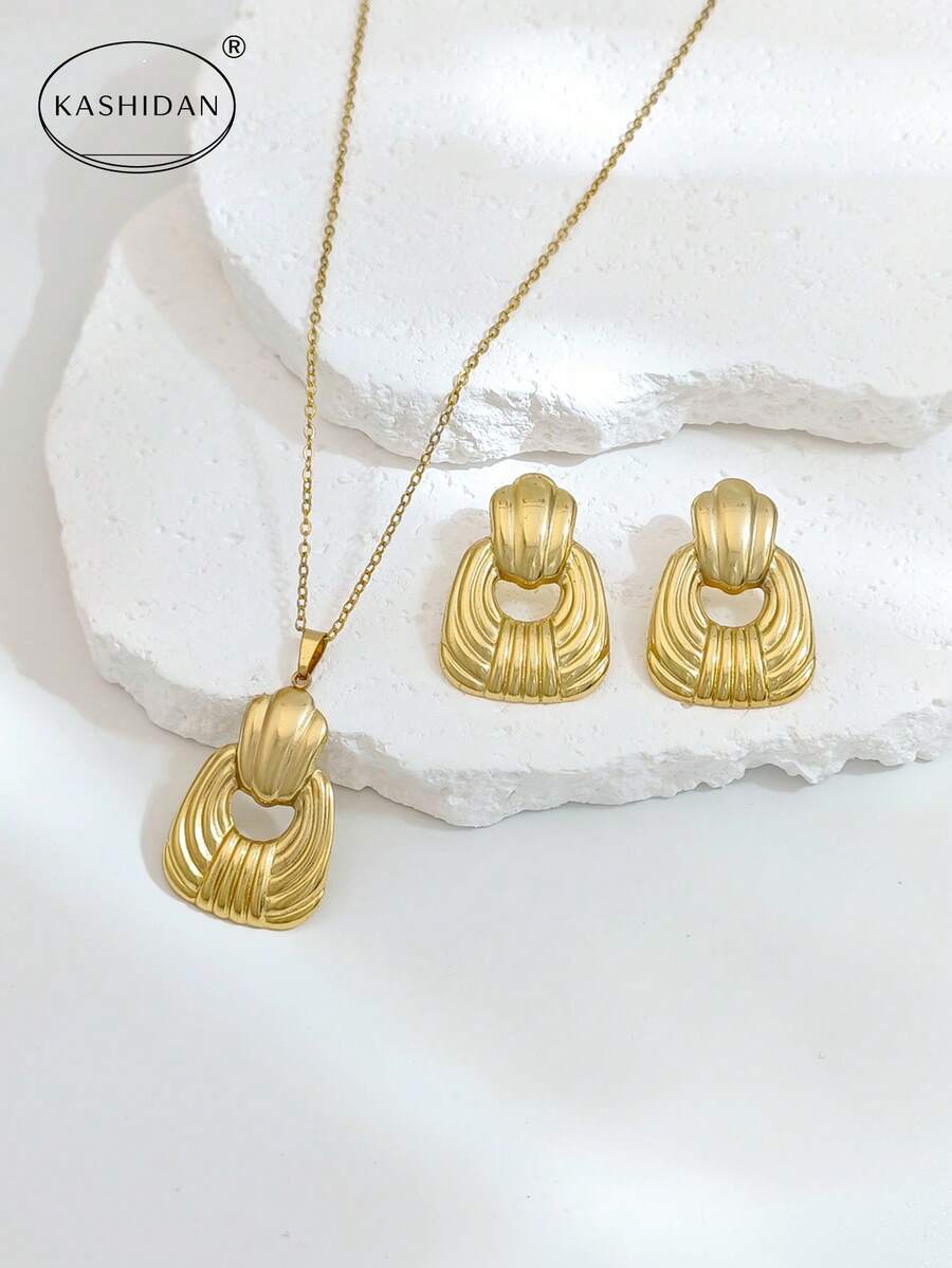 Shein 1 Set Stainless Steel Waterproof Hypoallergenic Fade-Resistant Gold Minimalist Geometric Women's Stud Earrings Set >
