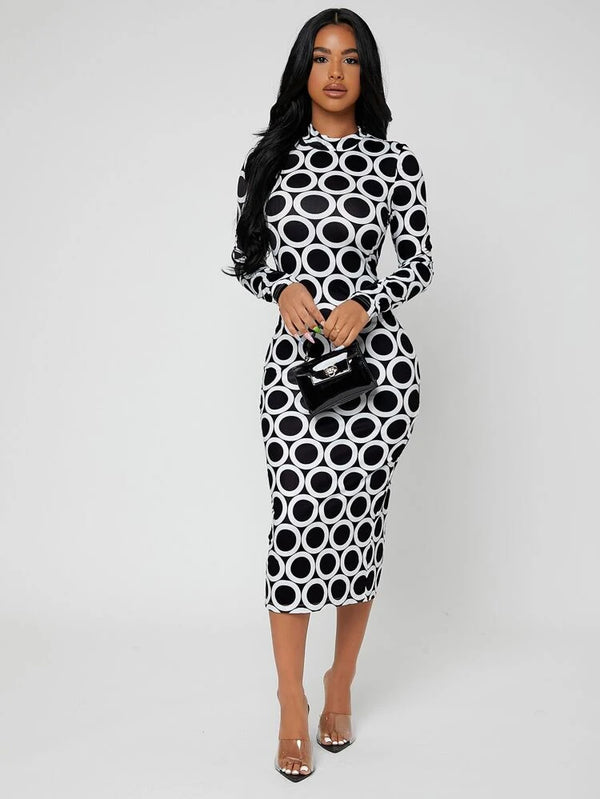 Shein SXY Mock Neck Slit Back Polka Dot Dress /