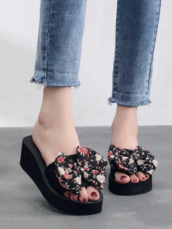 Shein Floral Pattern Bow Decor Flatform Slides, Size: 36*/