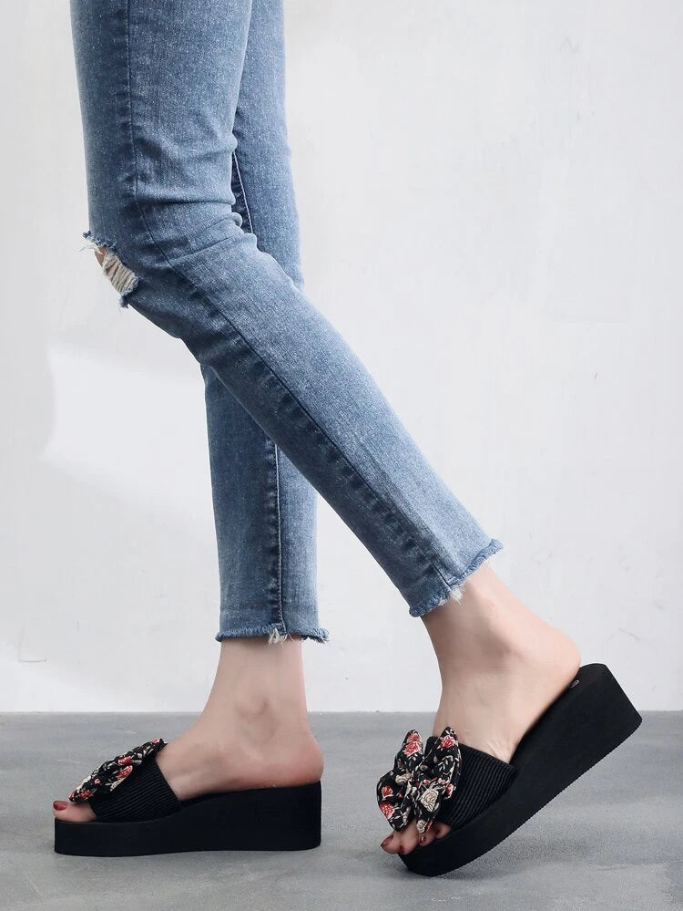 Shein Floral Pattern Bow Decor Flatform Slides, Size: 36