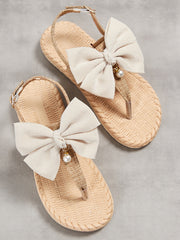 Women's Bow Decor Slingback Flat Vacation Sandals Khaki