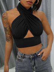 Women's Solid Criss Cross Backless Crop Halter Top