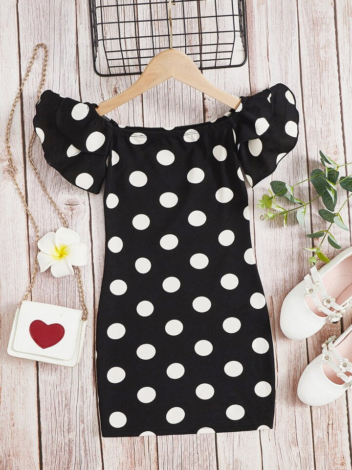 Shein Kids CHARMNG Girls Polka Dot Butterfly Sleeve Dress, 9T