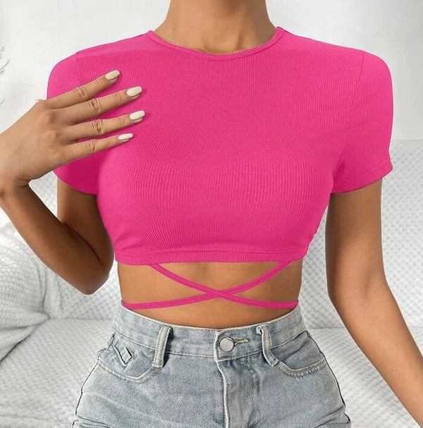 Shein Solid Crisscross Tie Back Crop Tee */