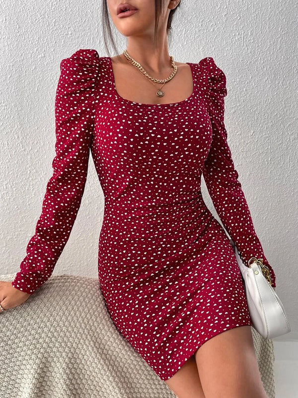 Shein Heart Print Puff Sleeve Polka Dot Bodycon Dress, L /