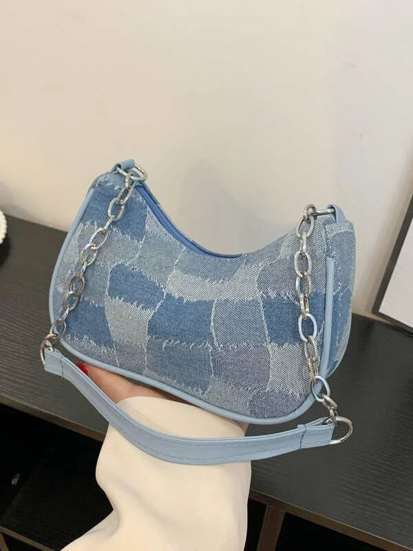 Shein Geometric Pattern Chain Décor Denim Baguette Bag */