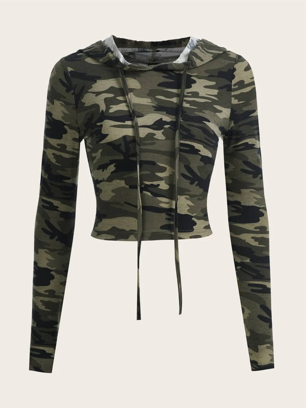 Shein Camo Print Drawstring Crop Hoodie */