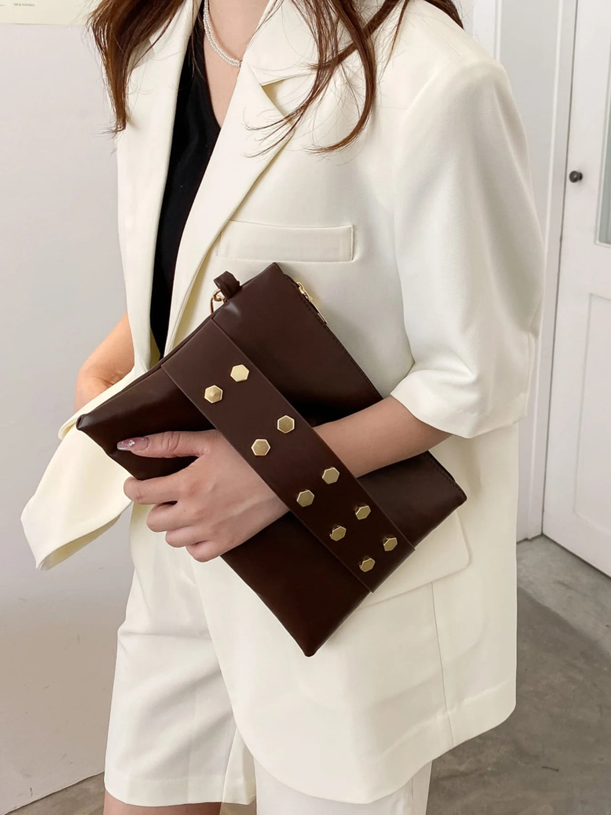 Women's Solid Studded Square Wristlet Bag