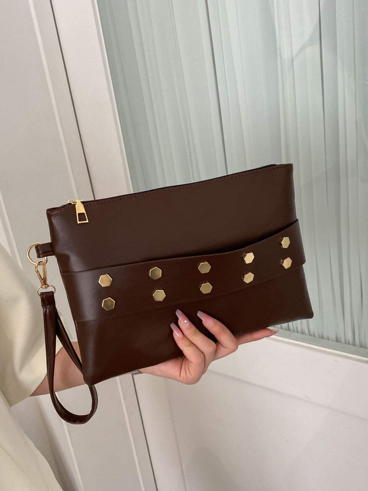 Women's Solid Studded Square Wristlet Bag