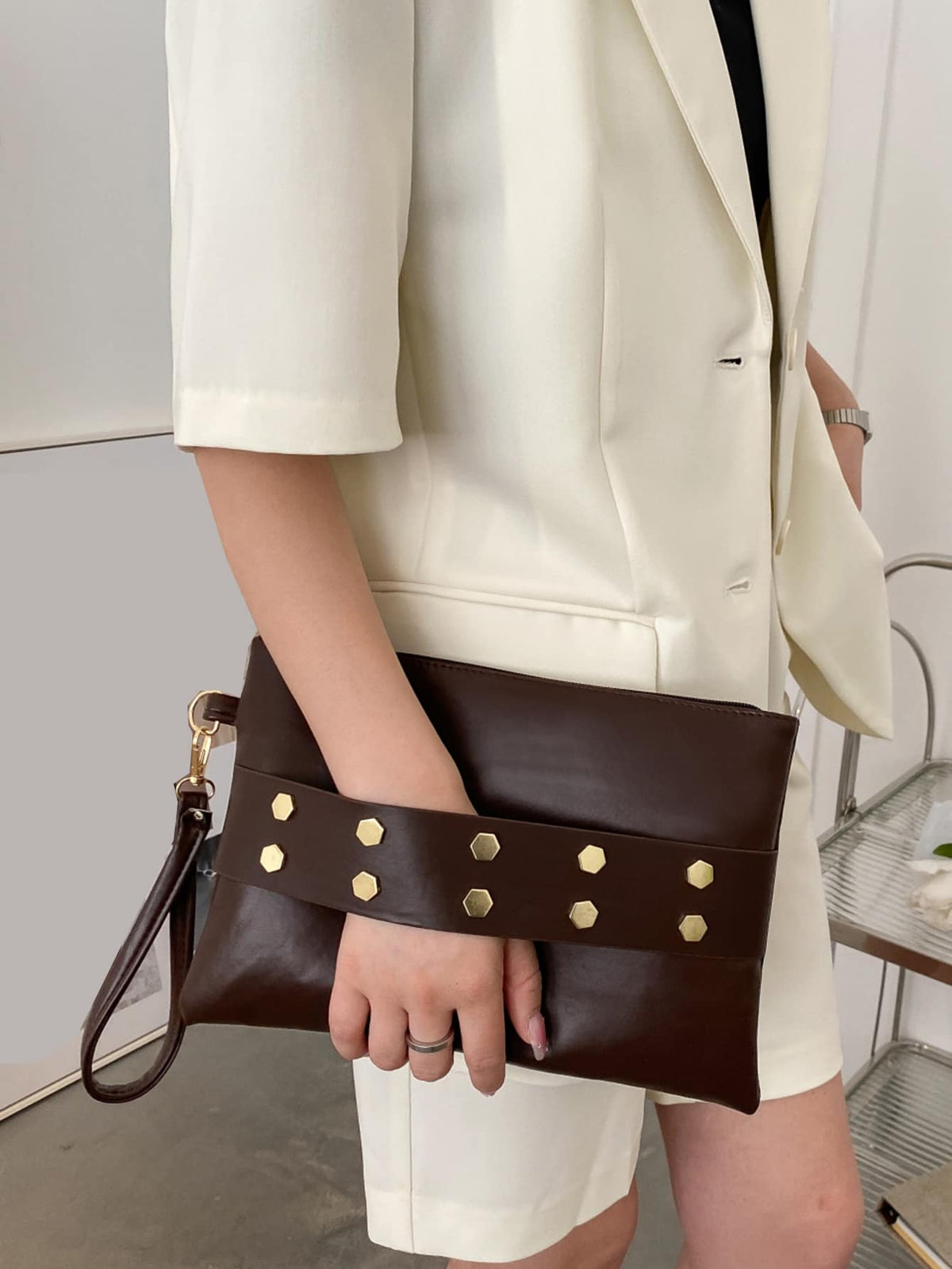 Women's Solid Studded Square Wristlet Bag