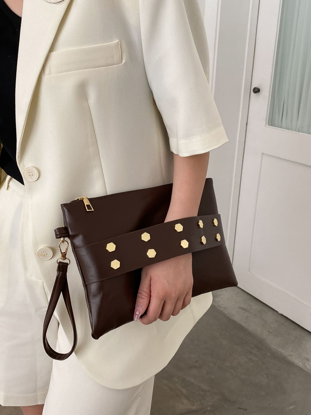 Women's Solid Studded Square Wristlet Bag
