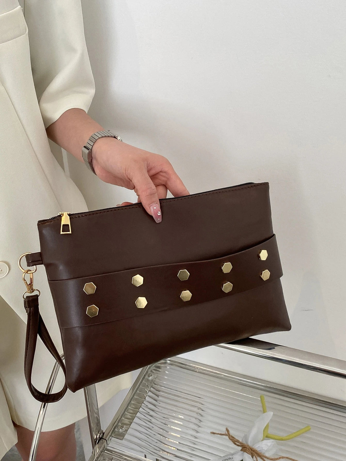 Women's Solid Studded Square Wristlet Bag
