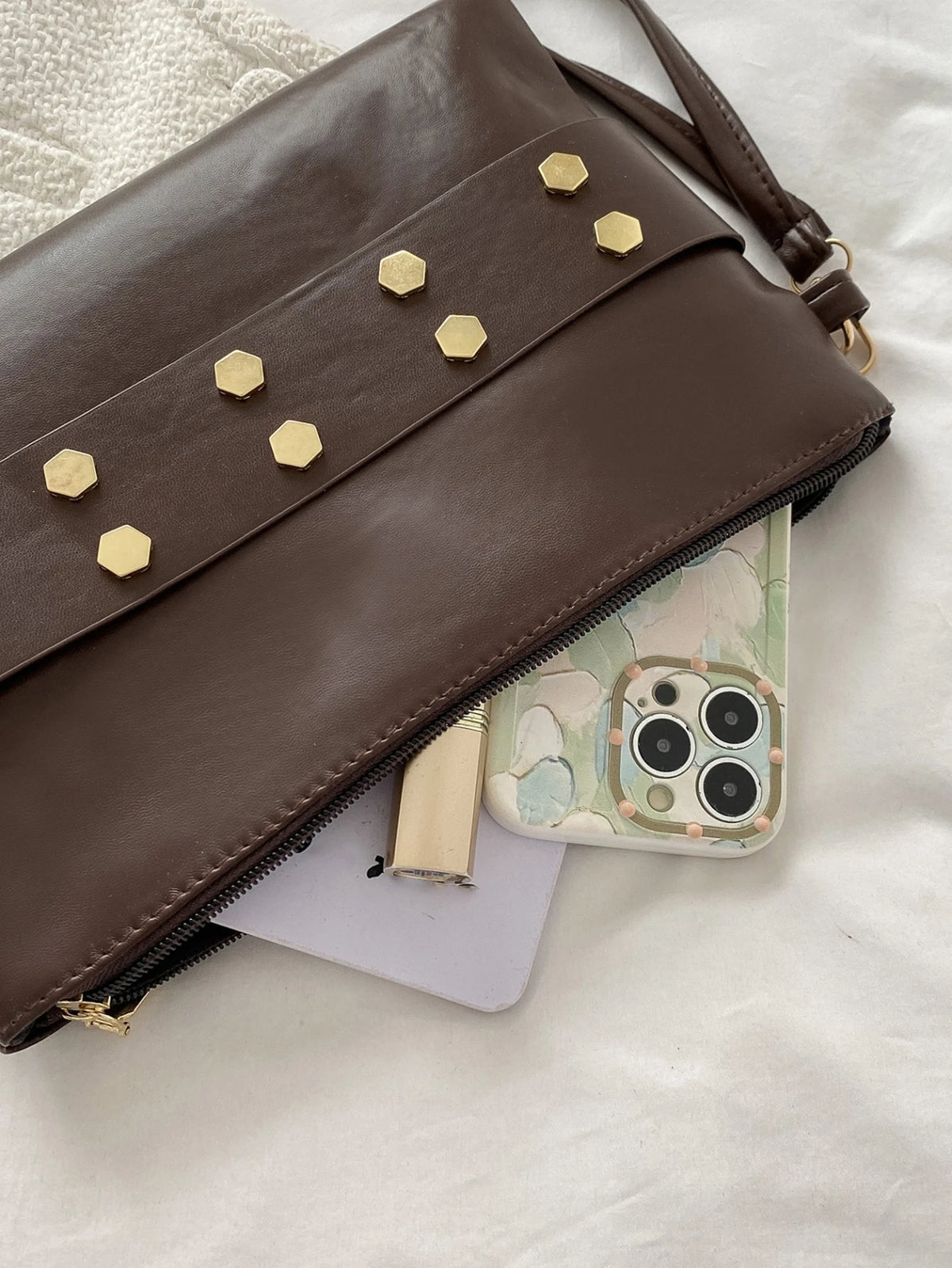 Women's Solid Studded Square Wristlet Bag