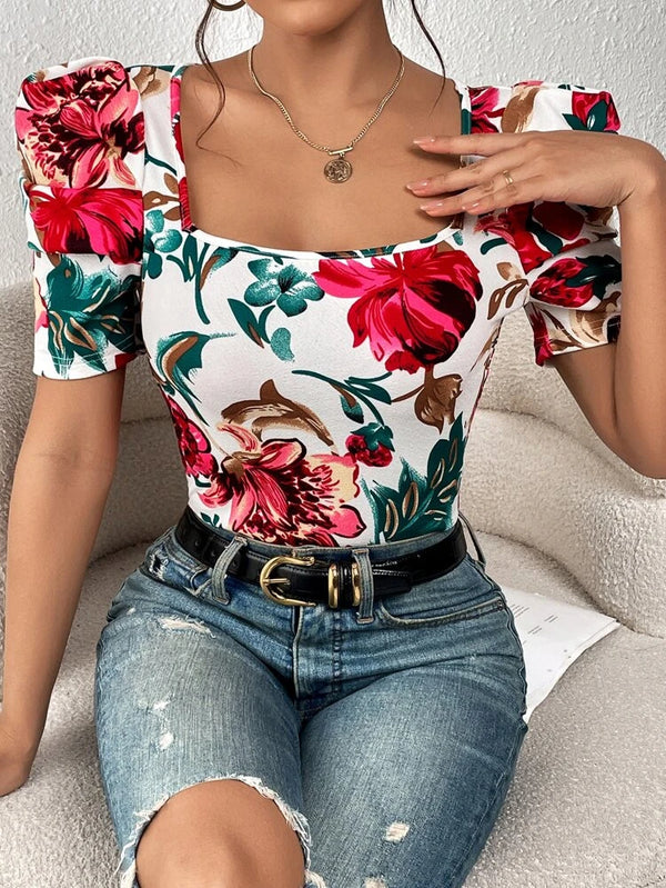 Shein Floral Print Square Neck Puff Sleeve Tee */