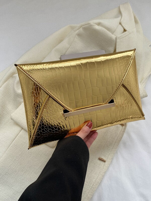 Shein Metallic Crocodile Embossed Contrast Binding Envelope Bag*/