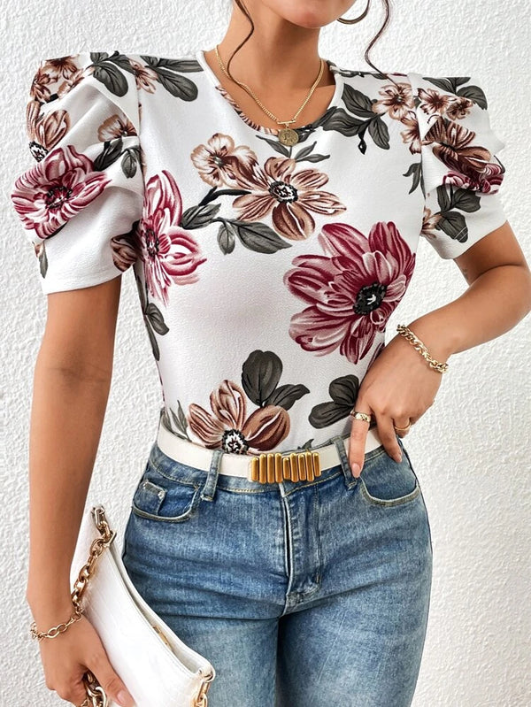 Shein Floral Print Puff Sleeve Tee +