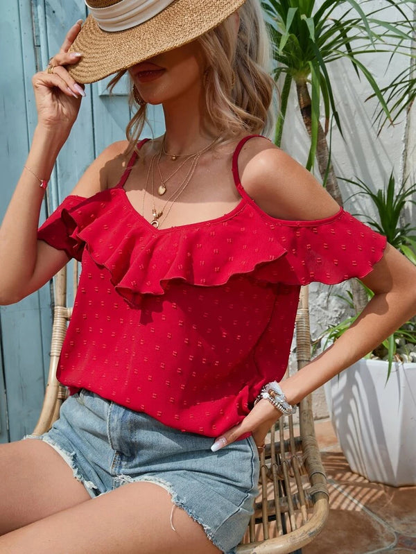 Shein Swiss Dot Cold Shoulder Ruffle Trim Blouse /