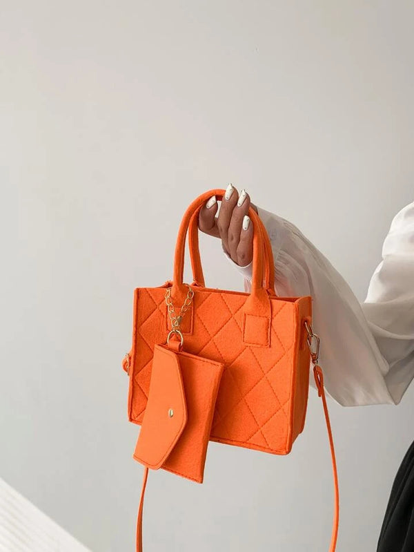 Shein Mini Square Bag Stitch Detail With Coin Purse Neon Orange Funky */