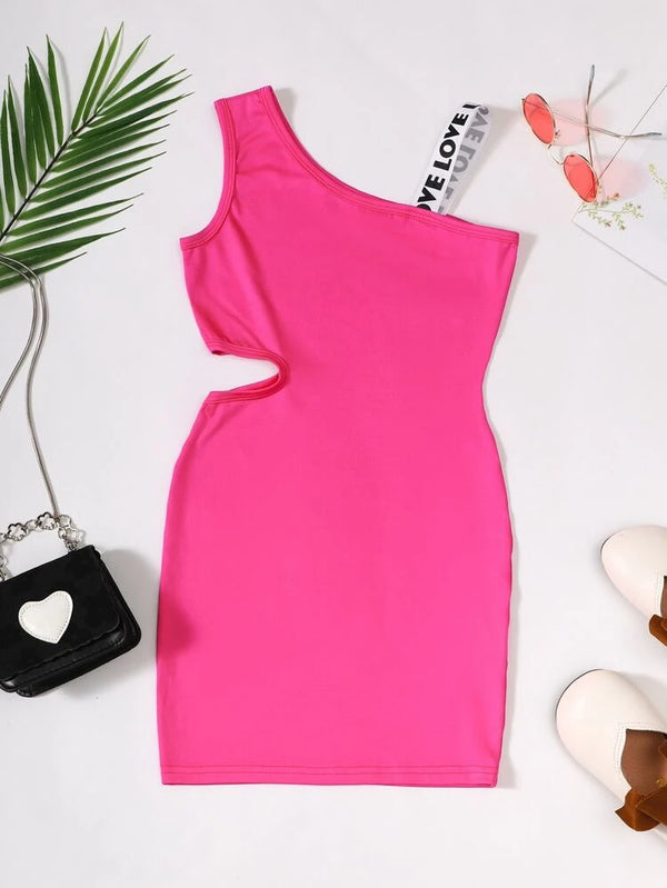 Shein Girls Letter Tape Asymmetrical Neck Cut Out Waist Dress +