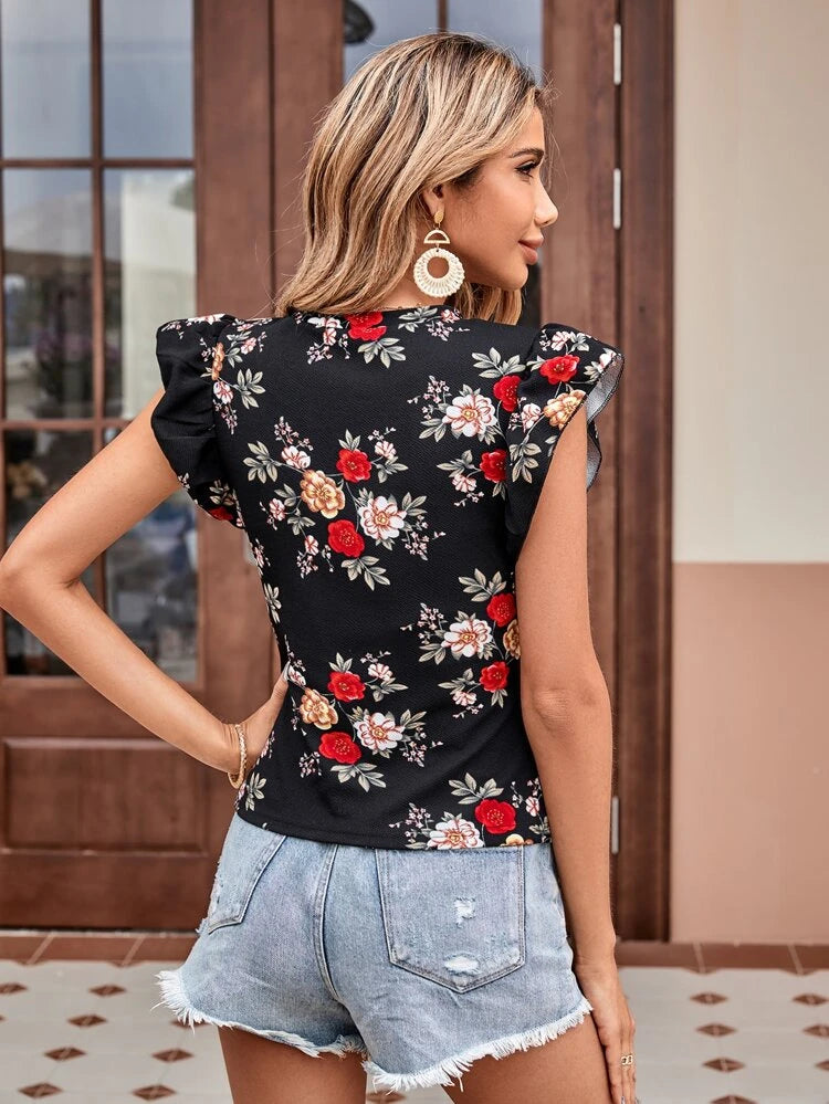 Shein Floral Print Ruffle Trim Tee, S +