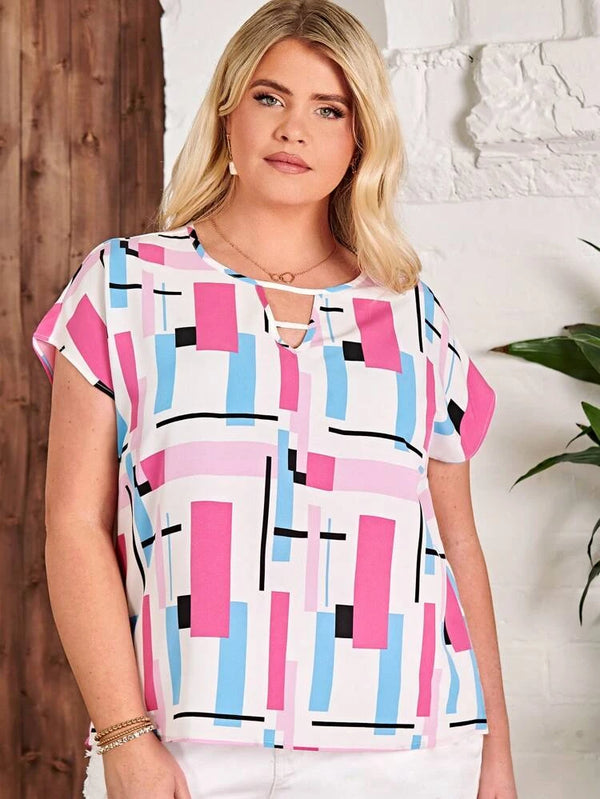 Shein Plus Geo Print Keyhole Neck Batwing Sleeve Blouse, 3XL +