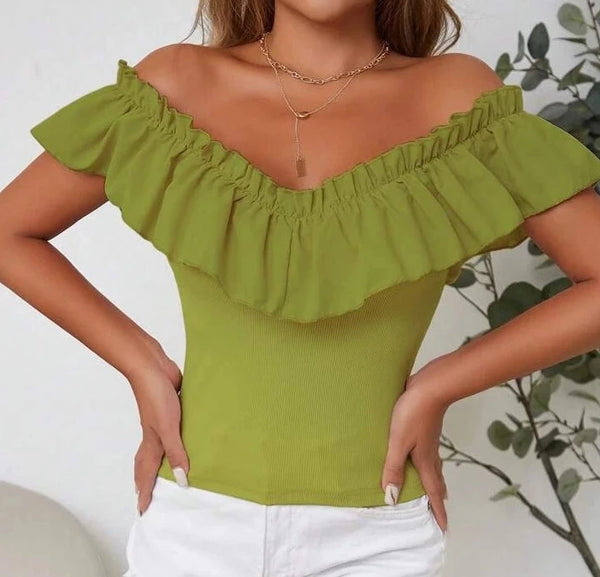 Shein Solid Off Shoulder Ruffle Trim Tee /