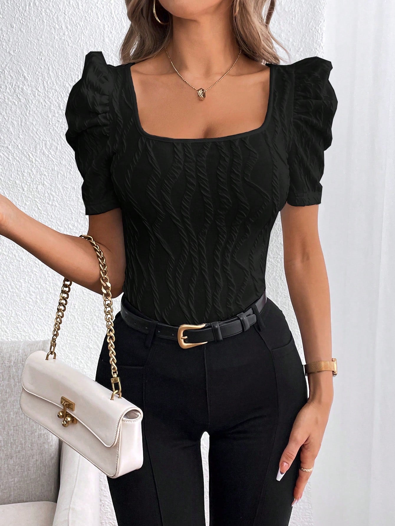 Women's Square Neck Puff Short Sleeve Casual T-Shirt