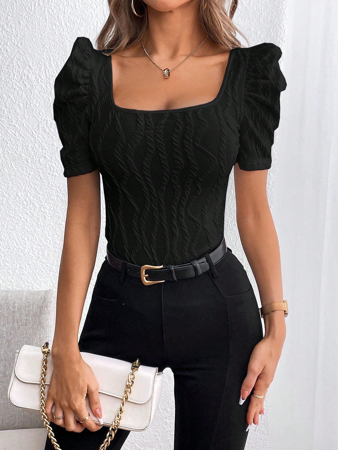 Women's Square Neck Puff Short Sleeve Casual T-Shirt