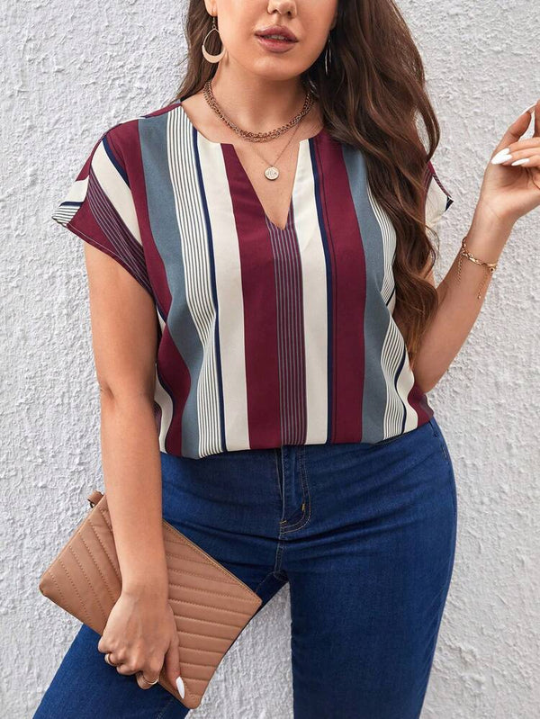 Shein Plus Striped Notched Neckline Batwing Sleeve Blouse, 3XL*/