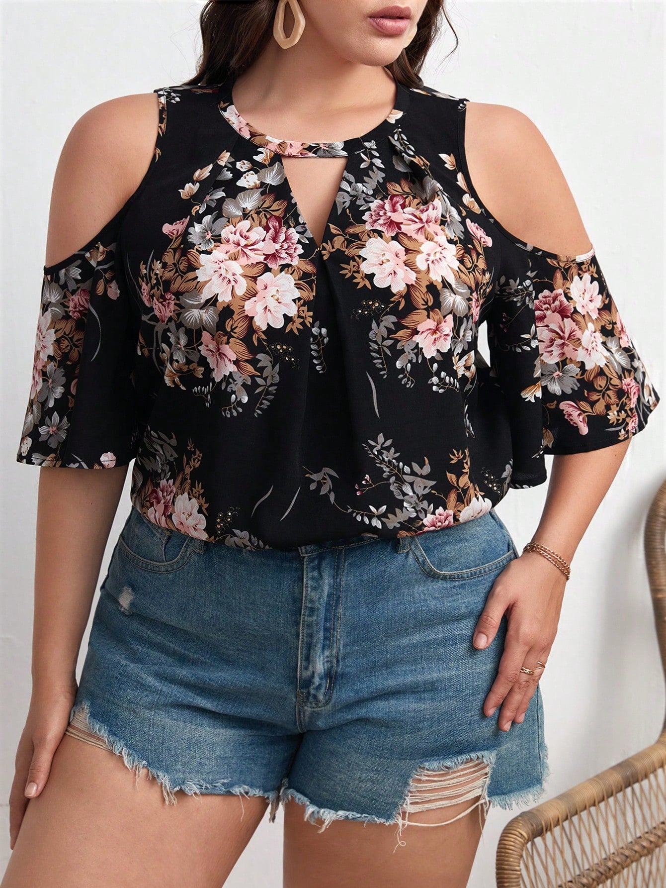 Women's Plus Size Floral Print Cold Shoulder Boho Blouse