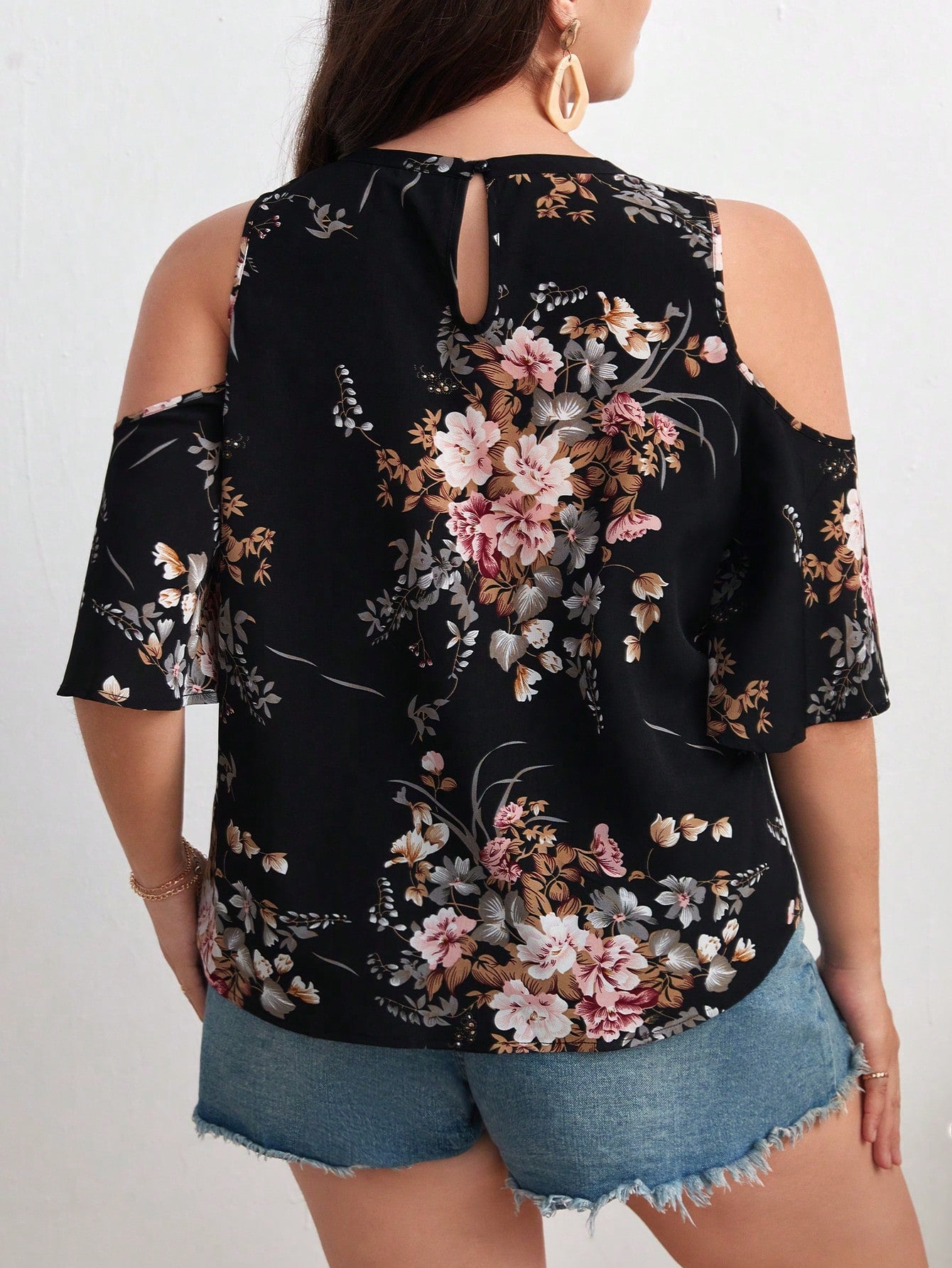 Women's Plus Size Floral Print Cold Shoulder Boho Blouse