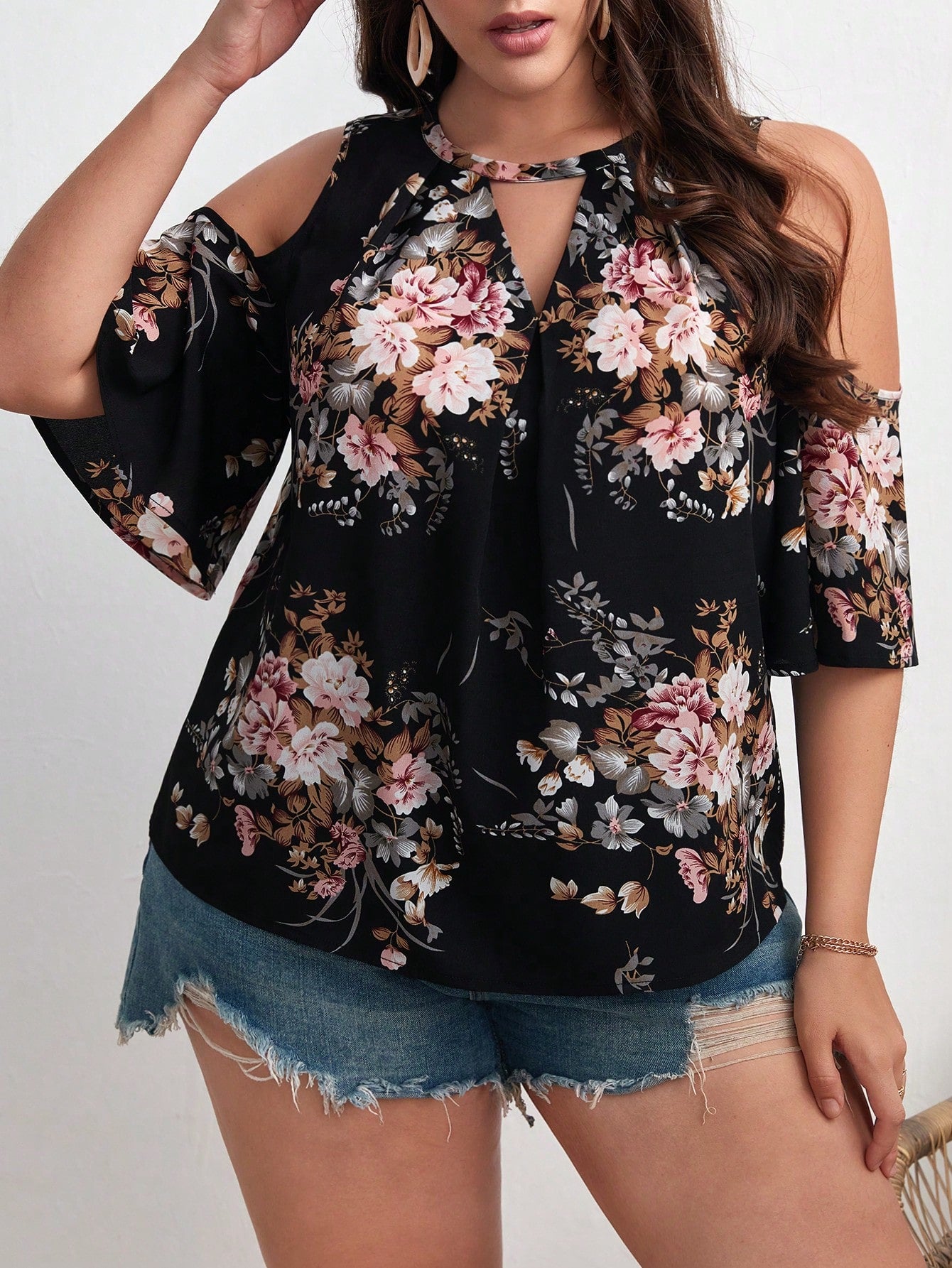 Women's Plus Size Floral Print Cold Shoulder Boho Blouse