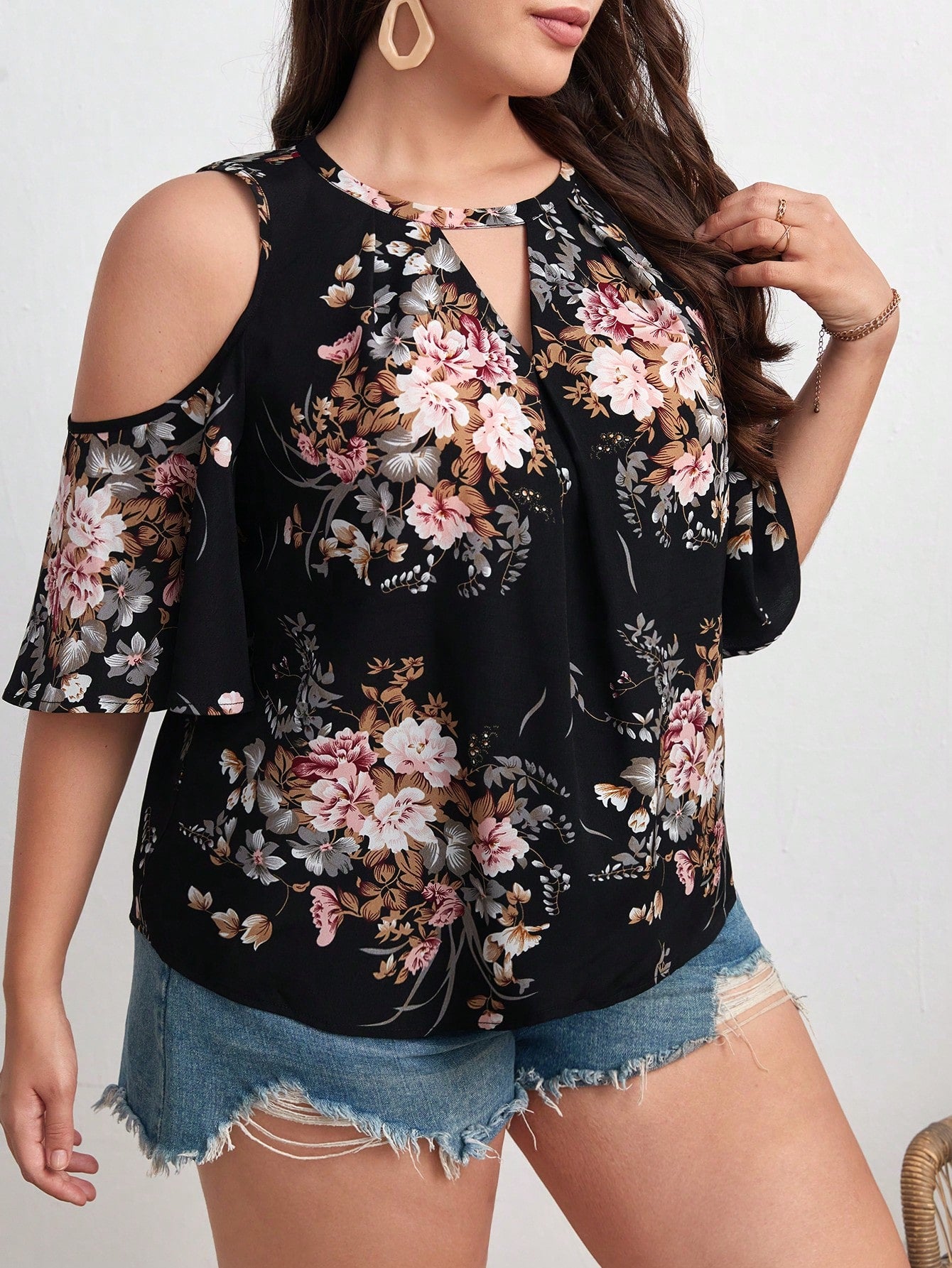 Women's Plus Size Floral Print Cold Shoulder Boho Blouse