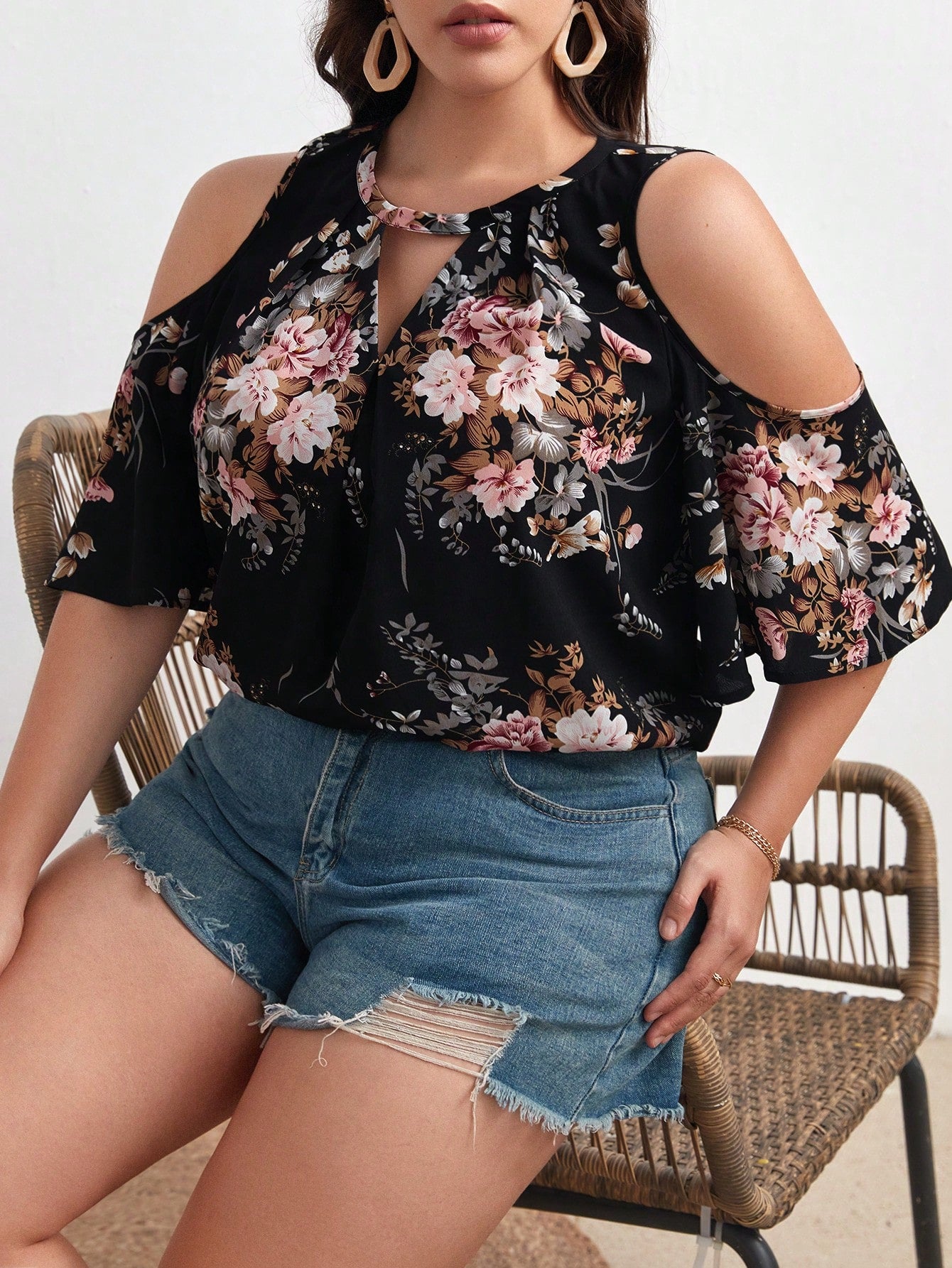 Women's Plus Size Floral Print Cold Shoulder Boho Blouse