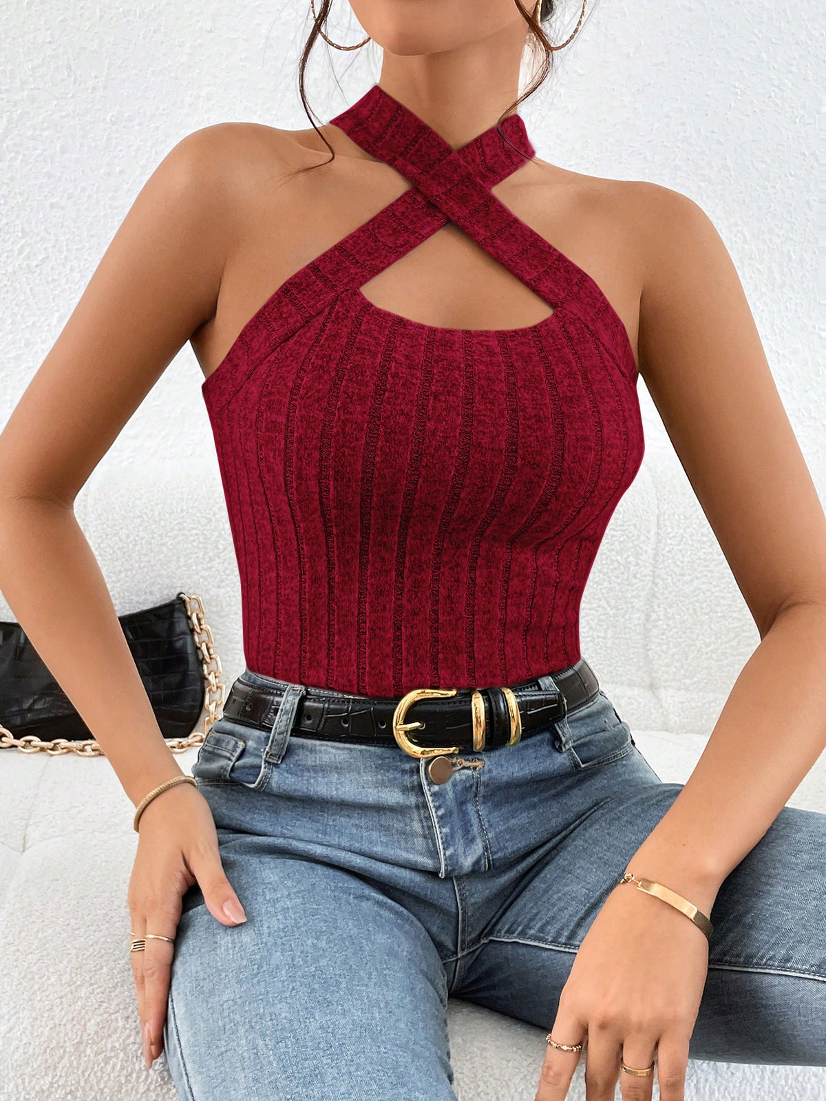 Women's Ribbed Knit Crisscross Halter Top