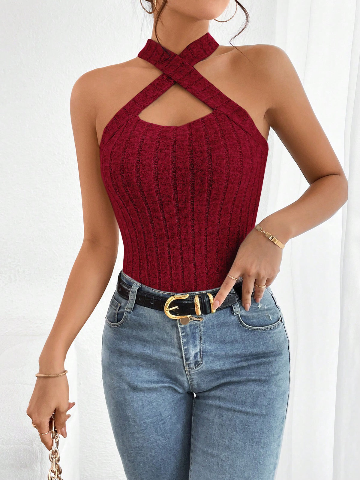 Women's Ribbed Knit Crisscross Halter Top