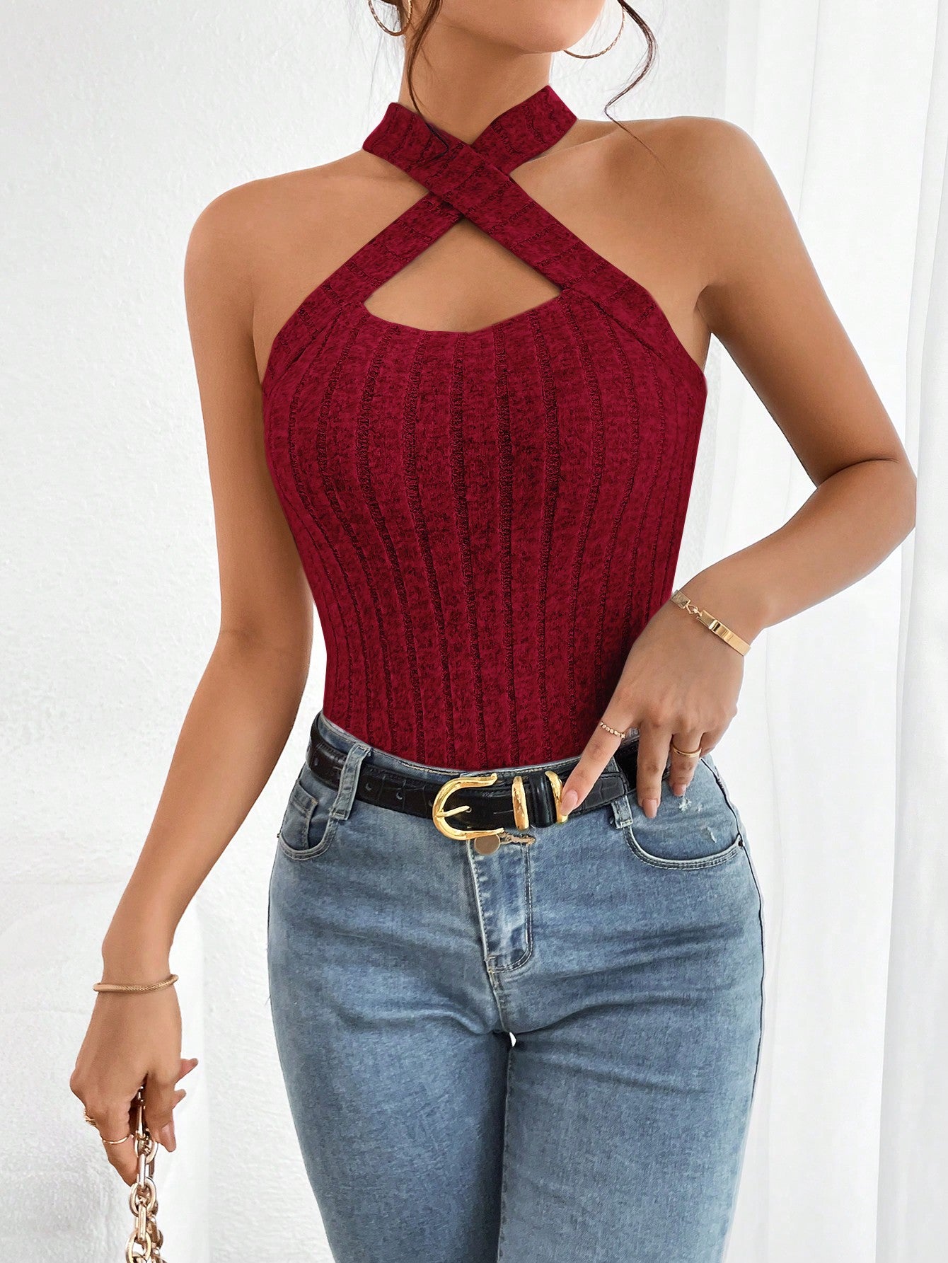 Women's Ribbed Knit Crisscross Halter Top
